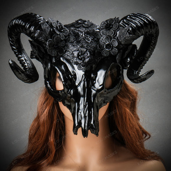 Antelope Devil Ram Horn Skull Ghost Masquerade Mask - Black - Picture 2 of 9
